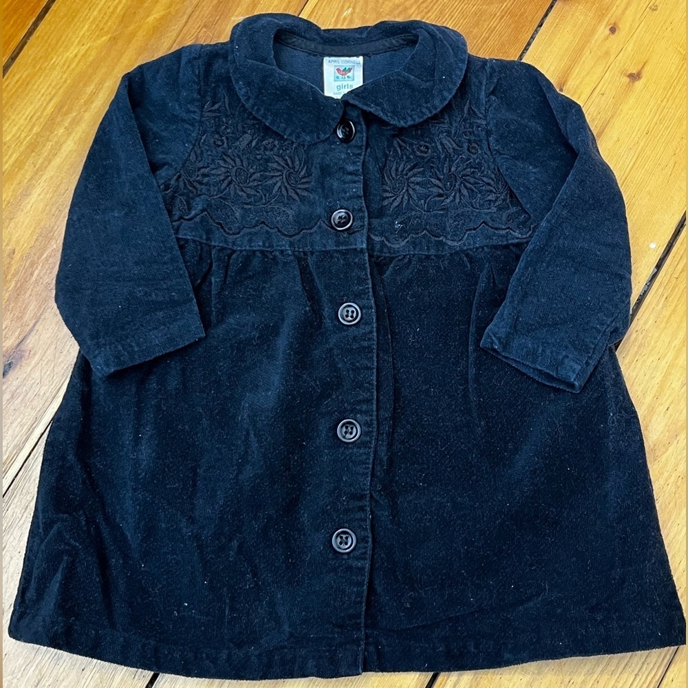 April Cornell Black Velvet Dress Embroidered Yoke Peter Pan Collar Vintage Style
